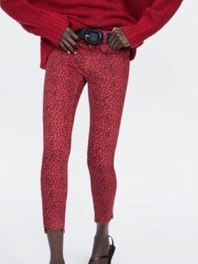 Zara Red Black Leopard Cheetah Cropped Stretch Skinny Jeans 6 38 NWOT